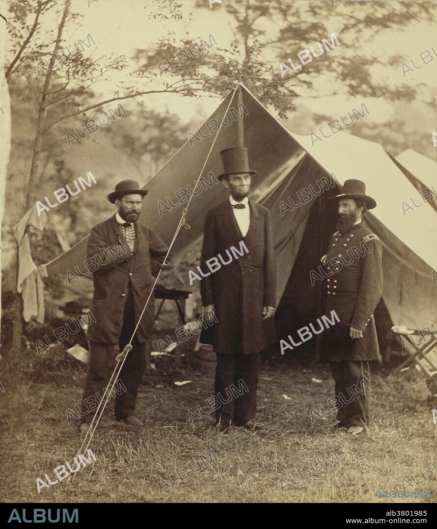 President Abraham Lincoln, United States Headquarters, Army of the Potomac, near Antietam, October 4, 1862. Lincoln is flanked by Major General John A. McClernand (on the right), and E. J. Allan, Chief of the Secret Service (on the left). The photograph was taken by Alexander Gardner (American, born Scotland, 1821 - 1882). Lincoln (1809-1865) was the 16th President of the United States, from March 1861 until his assassination in 1865. He led his country through the American Civil War, preserving the Union, ending slavery, and promoting economic and financial modernization.