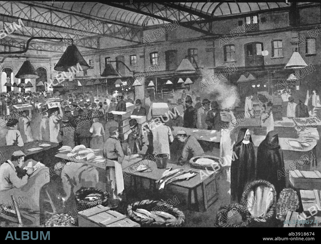 'Billingsgate Market, Early Morning', 1891. Billingsgate Fish Market is located in Poplar in London. It is the United Kingdom's largest inland fish market. From London City: Its History - Streets - Traffic - Buildings - People by W. J. Loftie. [The Leadenhall Prefs, London, 1891].