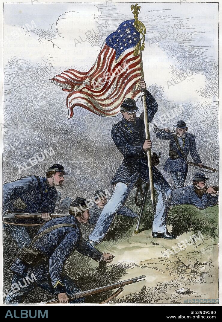 Planting the Union flag on a bastion, Siege of Vicksburg, 1863. Scene from the American Civi War. Hand-coloured later.