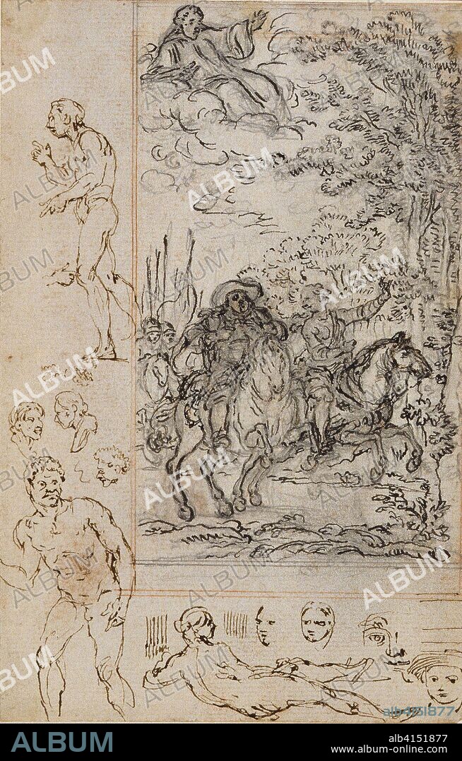 HUBERT FRANÇOIS GRAVELOT. Study for Vignette in Voltaire's "La Pucelle d'Orleans", with Sketches of Heads and Nude Figures. Hubert François Gravelot; French, 1699-1773. Date: 1762-1773. Dimensions: 166 × 107 mm. Pen and brown and gray ink, over graphite and red chalk, on buff laid paper, laid down on cream laid paper. Origin: France.