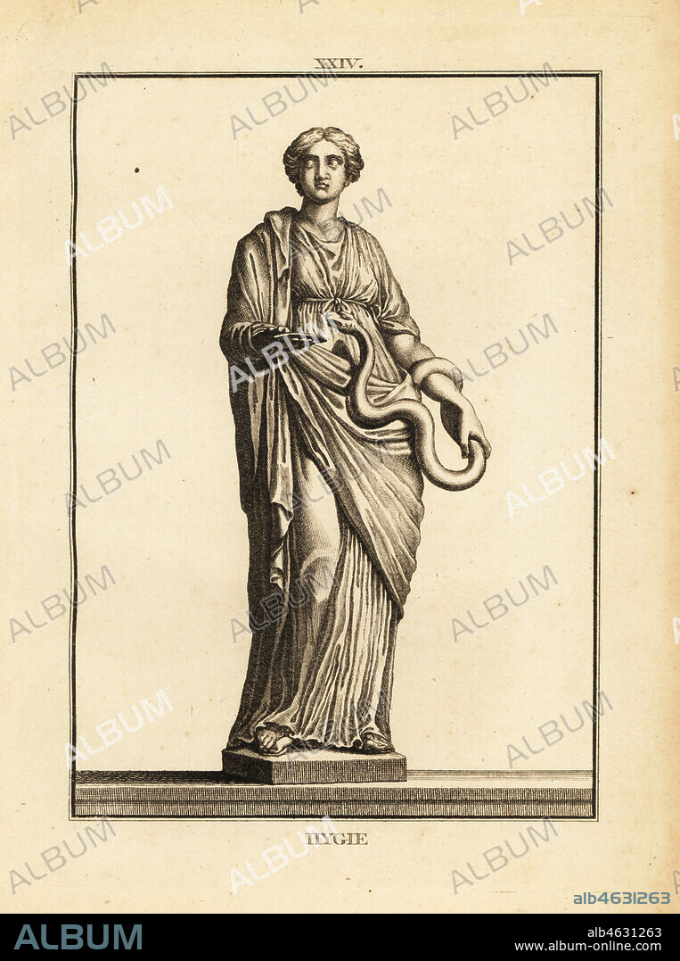 Hygieia, Greek and Roman goddess of health and cleanliness, daughter of the god of medicine Asclepius. Copperplate engraving by Francois-Anne David from Museum de Florence, ou Collection des Pierres Gravees, Statues, Medailles, Chez F.A. David, Paris, 1787. David (1741-1824) drew and engraved the illustrations based on Roman statues, engraved stones and medals in the collection of the Museum de Florence and the cabinet of curiosities of the Grand Duke of Tuscany.