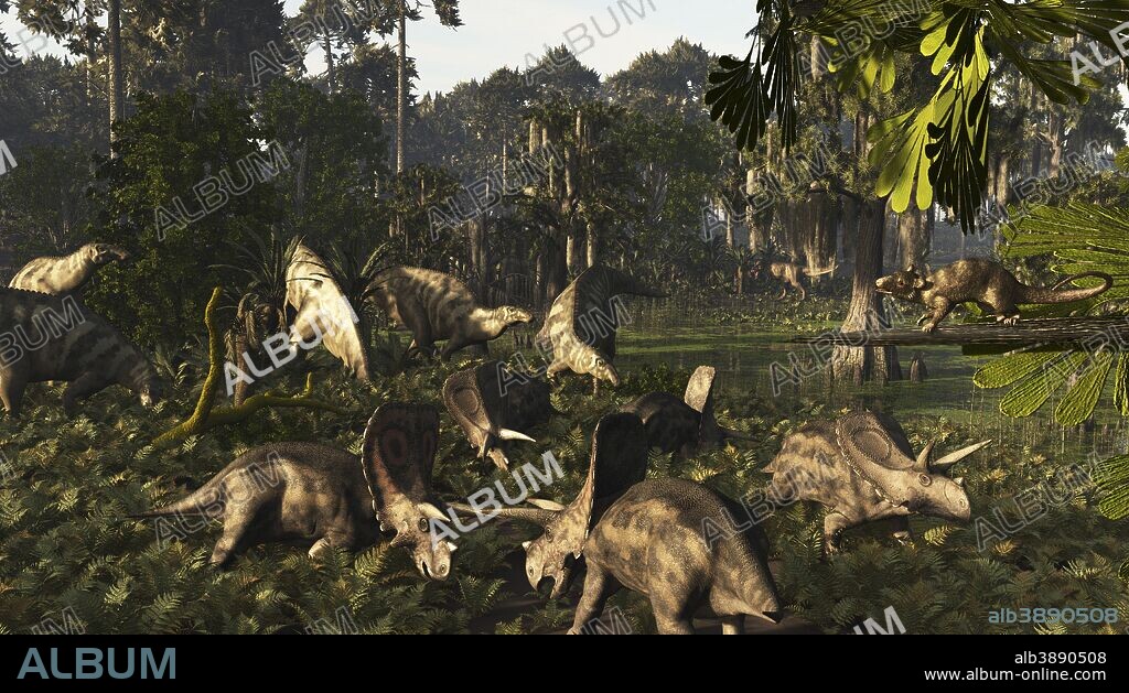 Various dinosaurs of the Hell Creek Formation. Hell Creek Formation is a geologic formation spanning Montana, Wyoming, North Dakota and South Dakota. It dates from the end of the Cretaceous into the early Paleogene. It was a time about 68-66 million years ago. Denizens of this time and place included the ceratopsian; Torosaurus, the hadrosaur; Edmontosaurus, and Tyrannosaurus Rex. An early mammal and possible proto-primate of the time was Purgatorius. It was smaller than a squirrel.