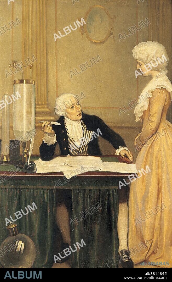 Portrait of Antoine-Laurent Lavoisier, French chemist (August 26, 1743 - May 8, 1794) and his wife and collaborator Marie-Anne Pierrette Paulze (January 20, 1758 February 10, 1836). Oil painting by Ernest Board. Lavoisier was a French chemist who is considered the founder of modern chemistry for changing the science from a qualitative to a quantitative one. He recognized and named oxygen and hydrogen, and opposed the phlogiston theory. He helped construct the metric system, wrote the first extensive list of elements, and helped to reform chemical nomenclature. He was the first to establish that sulfur was an element (1777) rather than a compound. He discovered that, although matter may change its form or shape, its mass always remains the same. His book Methods of Chemical Nomenclature of 1787 set the method of naming substances by their composition of elements, which is still used today. He was branded a traitor by the Convention under Maximilien de Robespierre during the Reign of Terror. He was tried, convicted, and guillotined on May 8, 1794, at the age of 50. A year and a half after his death, Lavoisier was exonerated by the French government. When his private belongings were delivered to his widow, a brief note was included, reading "To the widow of Lavoisier, who was falsely convicted".