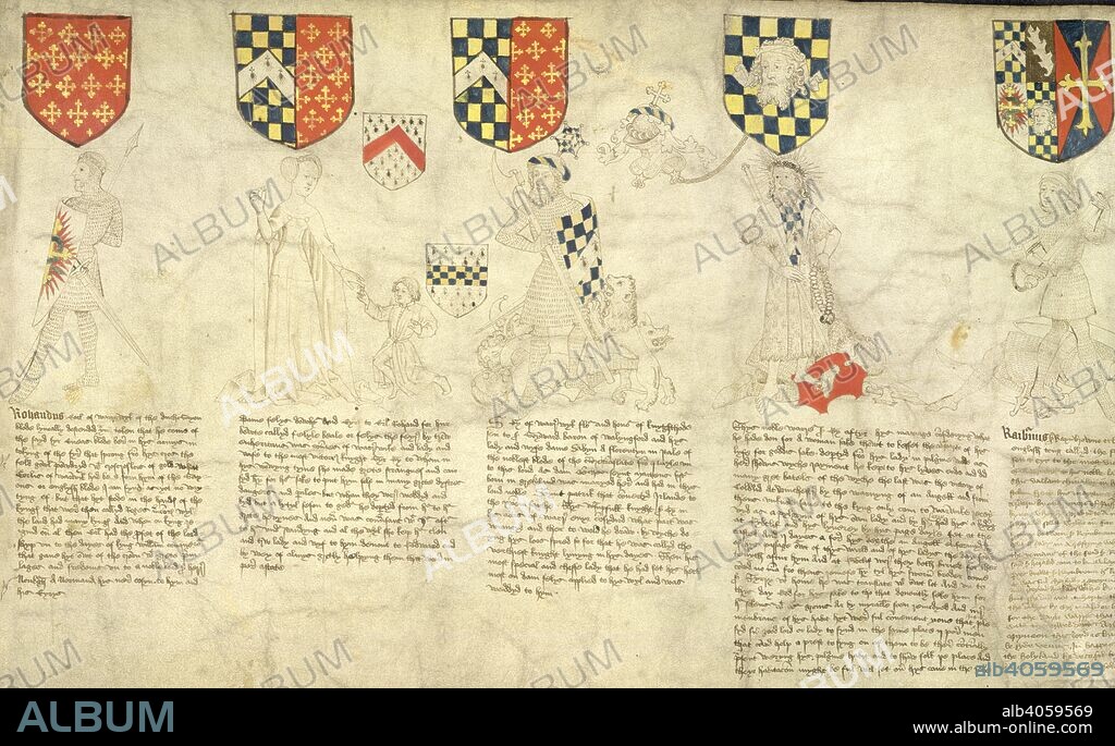 (Figures from left to right): Fig. 19: Rohand, Earl of Warwick. In chain armour, with shield. Fig.20: Dame Felice, his daughter, wife of Sir Guy (in her right), Earl of Warwick. She receives from the herdsman the ring sent to her by her husband, just before his death. Fig.21: Guy, Earl of Warwick. In chain armour; holding a battle-axe and shield. At his feet lies a group of monsters of which he rid the world. Fig.22: Guy, Earl of Warwick, holding a staff and rosary; his head irradiated. At his feet, Colbrond the Danish giant whom he slew at Winchester. Fig.23: Rainburn, Earl of Warwick, son of Sir Guy and Lady Felice. He hold a sword. Unknown slain figure at his feet. He earned for himself in Russia the reputation of a valiant knight, from having slain many giants in single combat. The Rous Roll. Illustrated armorial roll-chronicle by John Rous. England [Warwick]; 1483-1485. Some of the text in the caption is from the original manuscript. Source: Add. 48976 ff.20-23 Figures 19-23.