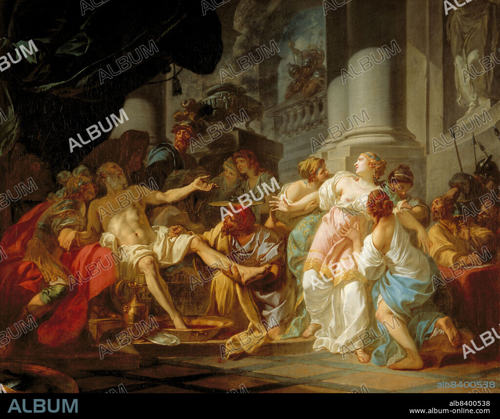 JACQUES LOUIS DAVID. La Mort de Sénèque, 1773. The Death of Seneca. The Roman philosopher Seneca, accused of having participated in a conspiracy against the Emperor Nero, was ordered to commit suicide. Seneca accepts the sentence and his wife, Pompeia Paulina, chooses to die with him. The spouses open their veins, but death is slow to come. Seneca then asks the servants to keep his wife away to prevent one from weakening at the sight of the sufferings of the other. A doctor cuts the philosopher's ankles so that the blood flows faster into a basin placed at his feet, and a slave presents a vial of poison on a plate. In the background, a centurion dispatched by Nero ensures the execution of the sentence. On the right, a disciple notes the last words of the Stoic philosopher, who gives, through his death, an example of the highest moral virtues in the face of tyranny. Pompeia will survive, spared by the emperor.