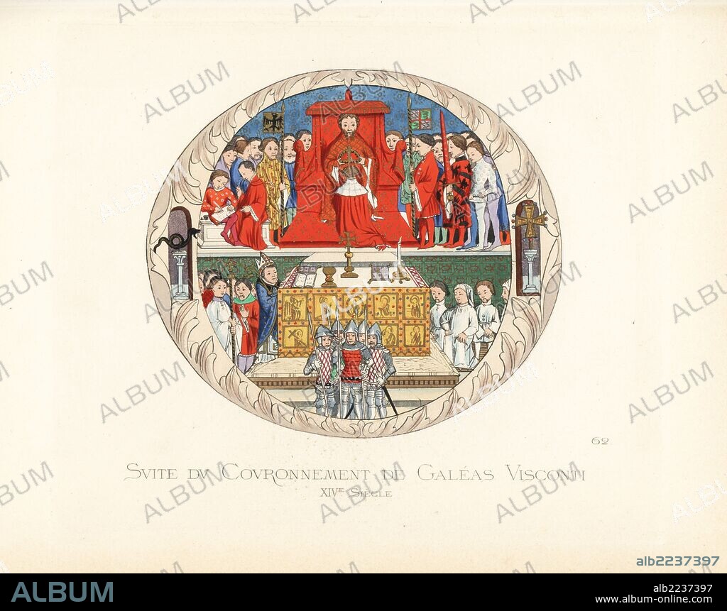 Coronation of Gian Galeazzo Visconti, Duke of Milan, 1351-1402. The duke in scarlet and ermine kneels before King Wenceslaus of Luxembourg to be crowned. To the left, a knight holds the imperial banner and a scribe writes in a book. To the right, knights holds the banner of the Viscontis, and a sword. From a missal in the archives of the Basilica of Sant'Ambrogio, Milan. Handcoloured illustration drawn and lithographed by Paul Mercuri with text by Camille Bonnard from "Historical Costumes from the 12th to 15th Centuries," Levy Fils, Paris, 1860.