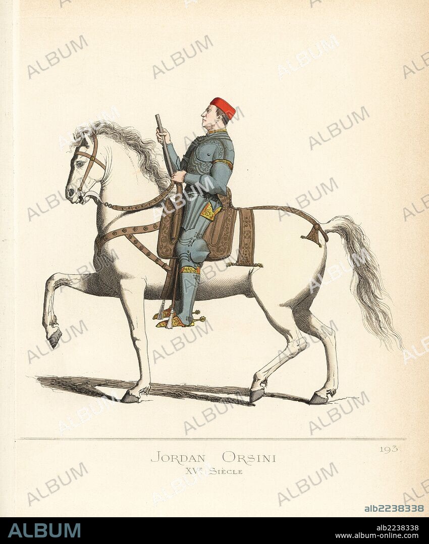 Costume of Giordano Orsini, Italian condottiere, died 1484. He wears a scarlet cap, suit of armour in steel ornamented with engraved details, gold chainmail joints, gold shoes and spurs. His horse is accoutred with leather saddle, lance cup and harness. From the sepulchral monument in a church in Monte-Rotondo, Sabina. Handcoloured illustration drawn and lithographed by Paul Mercuri with text by Camille Bonnard from "Historical Costumes from the 12th to 15th Centuries," Levy Fils, Paris, 1861.