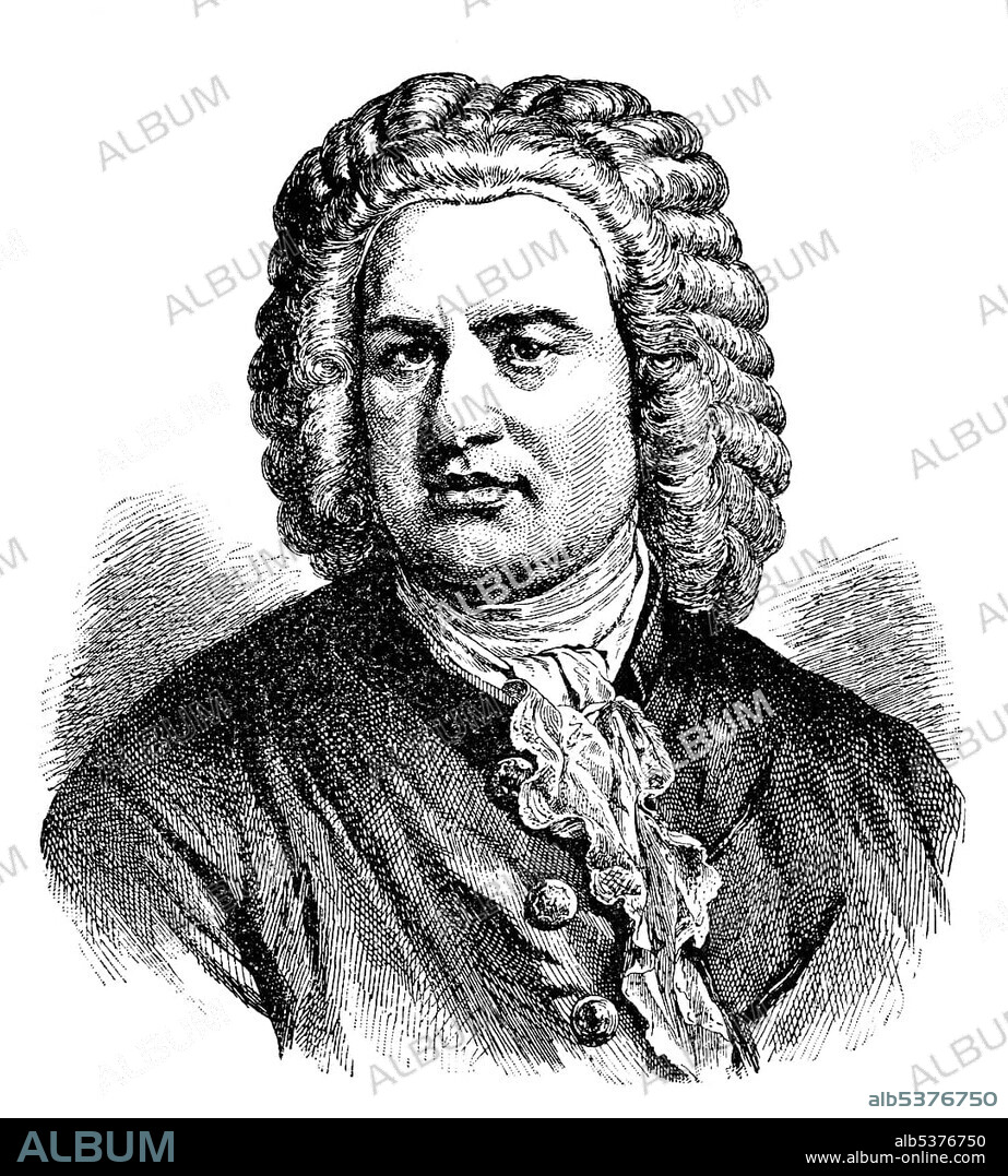 Historical drawing from the 19th Century, portait of Johann Sebastian Bach, 1685-1750, German composer and organ and piano virtuoso of the Baroque.