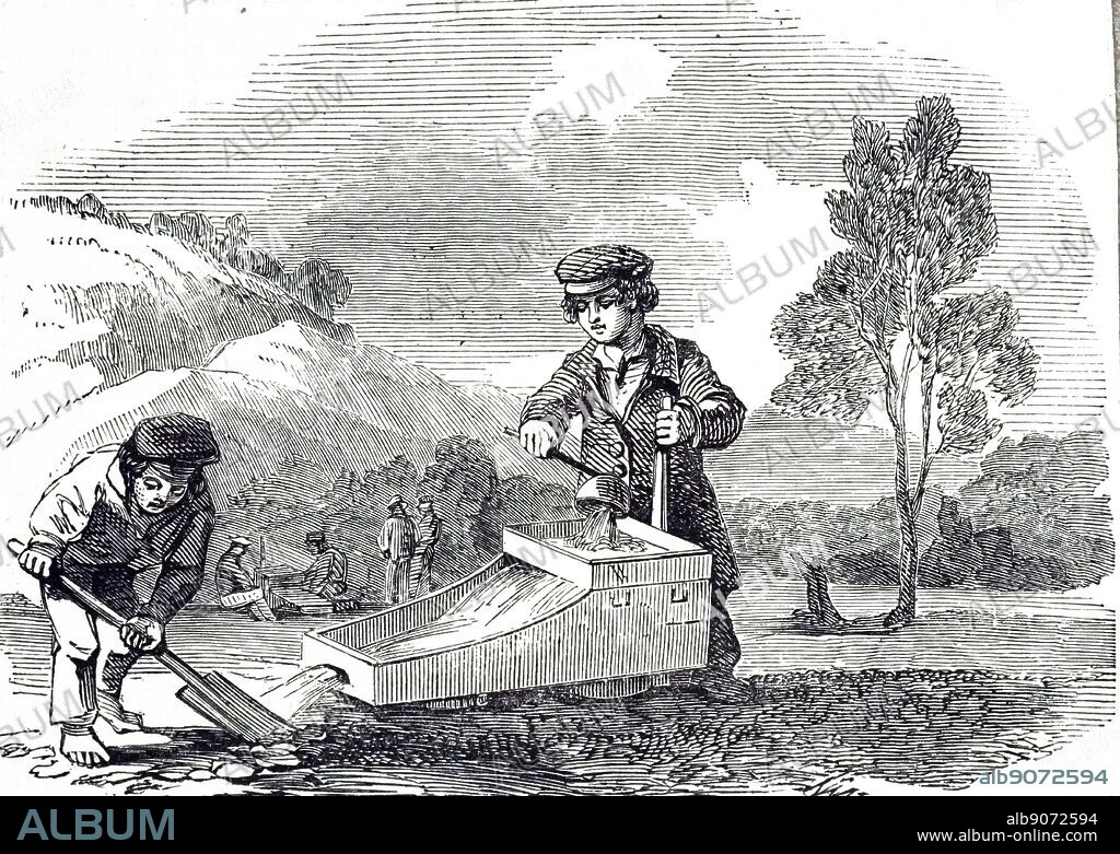 An engraving depicting children cradling for gold during the New South Wales gold rush, Australia. Dated 19th century.