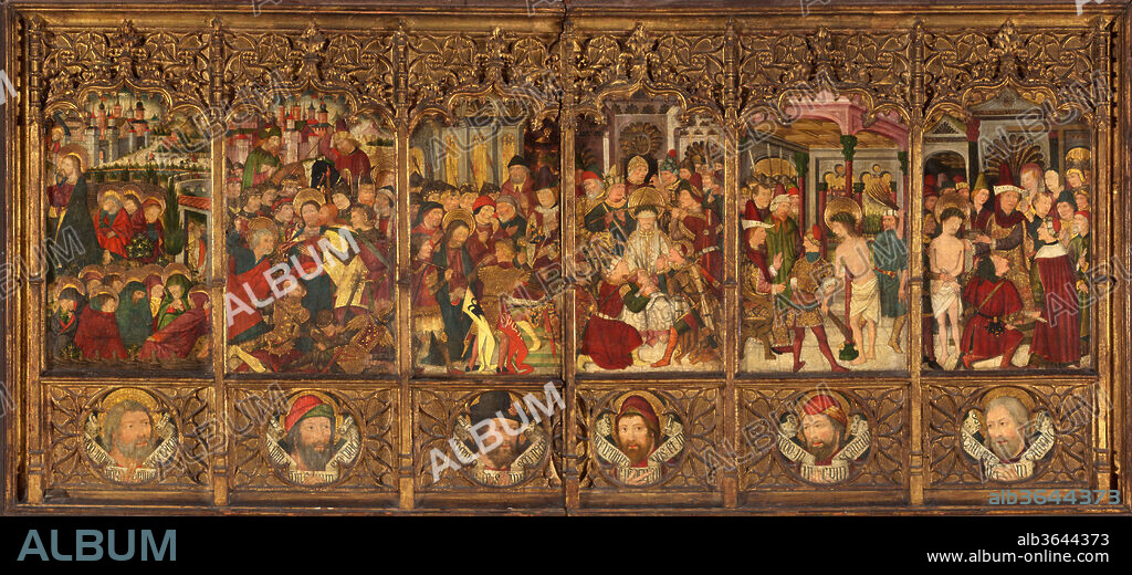 Altarpiece (retablo) with Scenes from the Passion. Artist: Attributed to Master Morata (Spanish, Aragon, active 1470-1505). Culture: Spanish. Dimensions: Overall: 56 x 120 3/4 x 3 in., 178lb. (142.2 x 306.7 x 7.6 cm, 80740.3g). Date: second half 15th century.
Forming the left side of a large fixed altar are scenes representing the events preceding the Crucifixion of Jesus. From left to right, they are: the Agony in the Garden, the Betrayal, Christ before Caiaphas, Christ Crowned with Thorns, the Flagellation, and Christ before Pilate. In medallions are heads of apostles with scrolls inscribed (in Latin) with the opening phrases of the Apostles' Creed, a statement that summarizes Christian belief (I believe in God, the Father almighty, creator of heaven and earth / And in Jesus Christ, his only son, Our Lord / Who was conceived of the Holy Spirit, born of the Virgin
Mary / [of the father] almighty, from there he will come to judge the living and the dead / I believe in the Holy Spirit / the holy Catholic Church, [the communion of] saints). The right side of the altar would have continued the story of the Passion, leading to the Resurrection, with the remainder of the apostles and of the text of the Creed shown below. A tabernacle to house the chalice and paten used in the Eucharist (Holy Communion) may have separated the two sections.