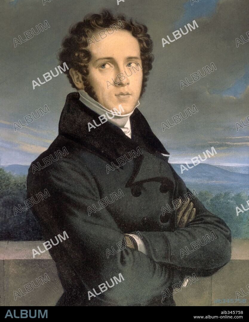 JEAN FRANÇOIS MILLET. Portrait of Italian opera composer Vincenzo Bellini (1801 - 1835),  Litograph, XIX century.
