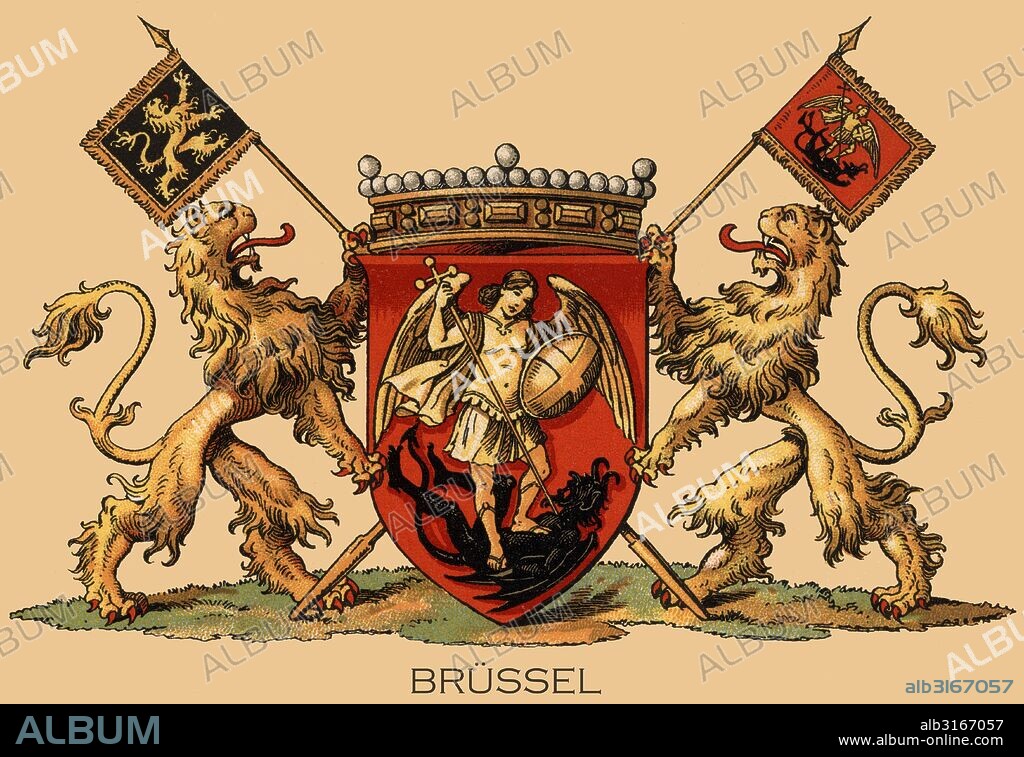 Europa. Escudo heráldico de la ciudad de Bruselas, Bélgica. Grabado de 1870.