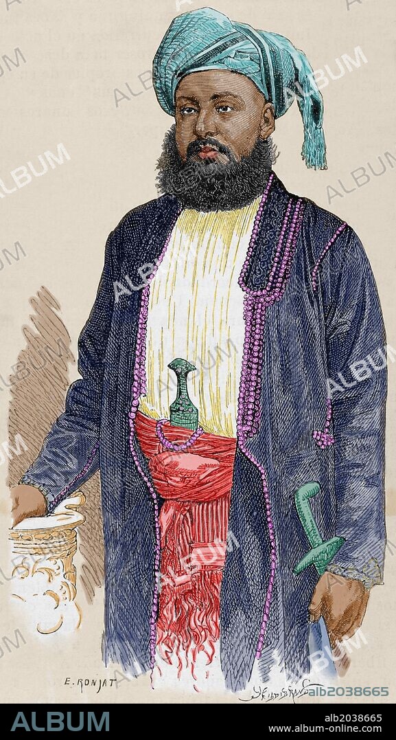 BARGHASH IBN SAID (1837-1888). Príncipe Hindú. Sultán de Zanzibar. El Mundo Ilustrado. 1883. Grabado coloreado.