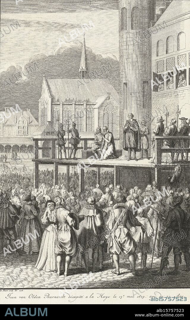Johan van Oldenbarnevelt kneels before his beheading, 1619, Jean van Olden Barnevelt décapité a la Haye le 13e. May 1619. age de 72. Ans (title on object), Johan van Oldenbarnevelt kneels before his beheading at the Binnenhof in The Hague on May 13, 1619. His servant Jan Francken kneels at his side on the scaffold, a preacher holds a prayer. Spectators gathered on the square., print, print maker: Bernard Picart, (mentioned on object), Bernard Picart, (mentioned on object), after print by: Jan Luyken, Northern Netherlands, 1728, paper, etching, height, 278 mm × width, 180 mm.