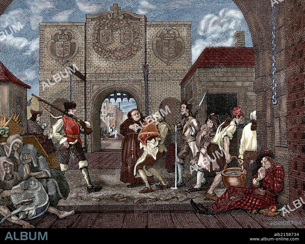 William Hogarth (1697-1764). Artista británico, grabador, ilustrador y pintor satírico. Se le considera pionero de las historietas occidentales. "LA PUERTA DE CALAIS". Aguafuerte realizado por Hogarth. Grabado coloreado. "La Ilustración Ibérica", año 1888.