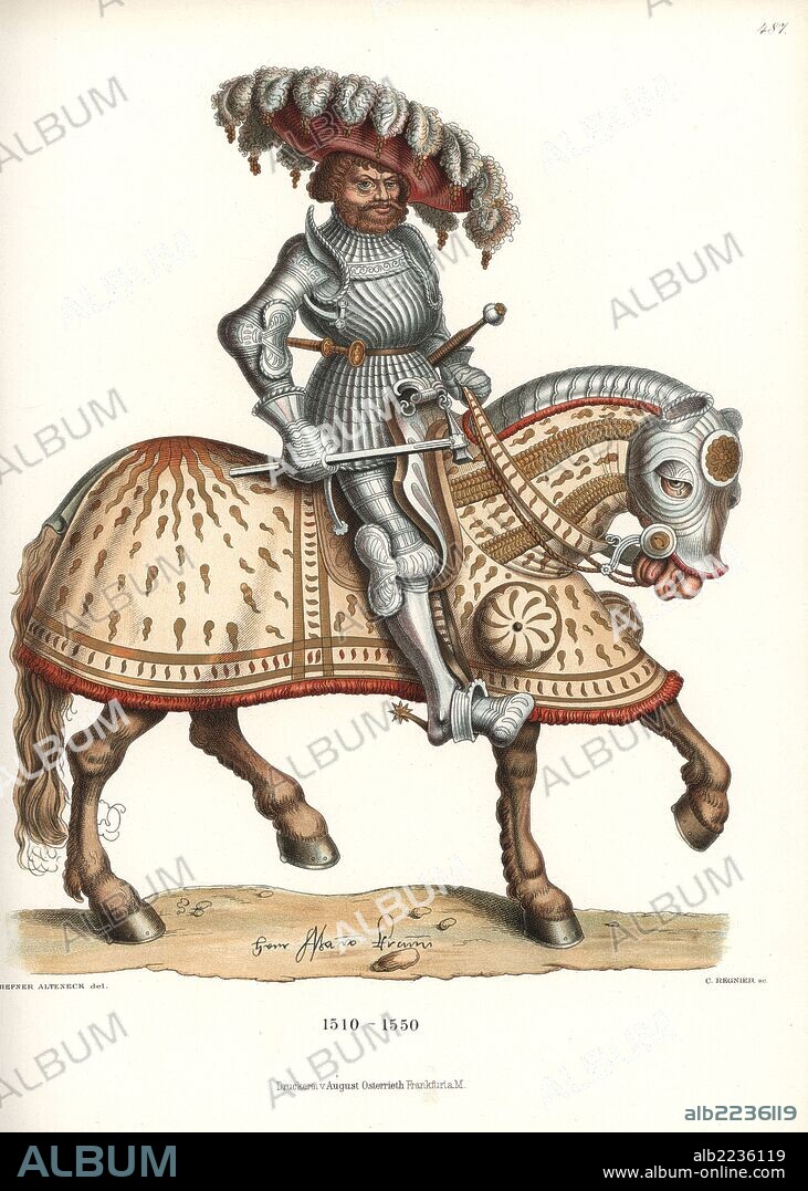 Knight in suit of decorated plate armour on caparisoned horse, early 16th century. He wears a feather beret instead of a helmet, carries a battle hammer, and has a brooch with a naked woman on his belt. From an oil painting signed M.K., which may be the artist or the knight. Chromolithograph from Hefner-Alteneck's "Costumes, Artworks and Appliances from the Middle Ages to the 17th Century," Frankfurt, 1889. Illustration by Dr. Jakob Heinrich von Hefner-Alteneck, lithographed by C. Regnier. Dr. Hefner-Alteneck (1811 - 1903) was a German museum curator, archaeologist, art historian, illustrator and etcher.