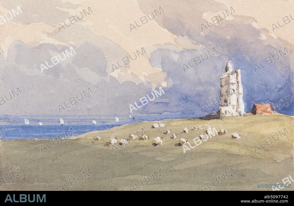 North Foreland Lighthouse, George Jackson, active 18391844, undated, Watercolor, with pen, in brown ink, graphite, and gouache on medium, smooth, cream, wove paper, Sheet: 3 5/16 × 4 3/16 inches (8.4 × 10.6 cm) and Image: 2 1/8 × 3 1/4 inches (5.4 × 8.3 cm), architectural subject.
