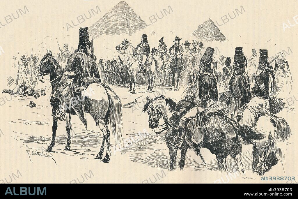 Napoleon Buonaparte at the Battle of the Pyramids, 1798. Battle of the Pyramids, 21st July 1798 (1882-1884). Napoleon defeated the Mameluke army of the Ottoman Turks, conquering Egypt for France. From The Illustrated Naval and Military Magazine Volume I [The Illustrated London News, London, 1884].