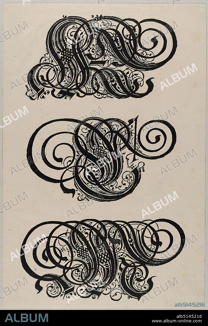 Conrad Bauer, Paulus Franck, Katharina Dietrich, Alphabet (ornamental letters K, L, M), paper, woodcut, sheet size: height: 29,60 cm; width: 19,80 cm, unmarked, prints, printed matter, letters, alphabet, writing, One of eight sheets with three ornamental letters of the alphabet each from: treasury, all kinds of capitals Latin and German all Cantzleyen from neüen in Druckh thus finished. By Paulum Francken of Gfres from the Voigtlandt Burger von Memmingen, Printed at Nürmberg, by Katharina Dieterichin, In transfer Conrad Bauern 1601.