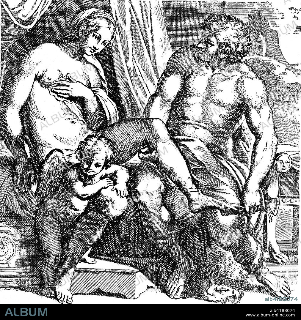 Hercules and Omphale and a small engel are naked, erotic copper engraving after Annibale Carracci, Hercules is the Roman adaptation of the Greek divine hero Heracles, who was the son of Zeus, Roman equivalent Jupiter, and the mortal Alcmene, In Greek mythology, Omphale was a daughter of Iardanus, either a king of Lydia, or a river-god, publication from the year 1882.