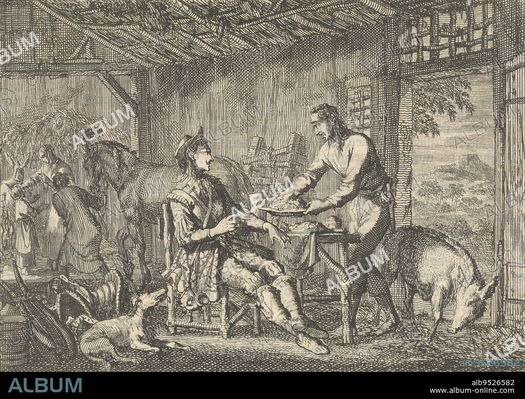 Philip II, King of Spain is taken into the hut of a poor peasant, ca. 1560, print maker: Jan Luyken, publisher: Pieter van der Aa (I), print maker: Amsterdam, publisher: Leiden, 1698, paper, etching, letterpress printing, h 114 mm × w 161 mm.