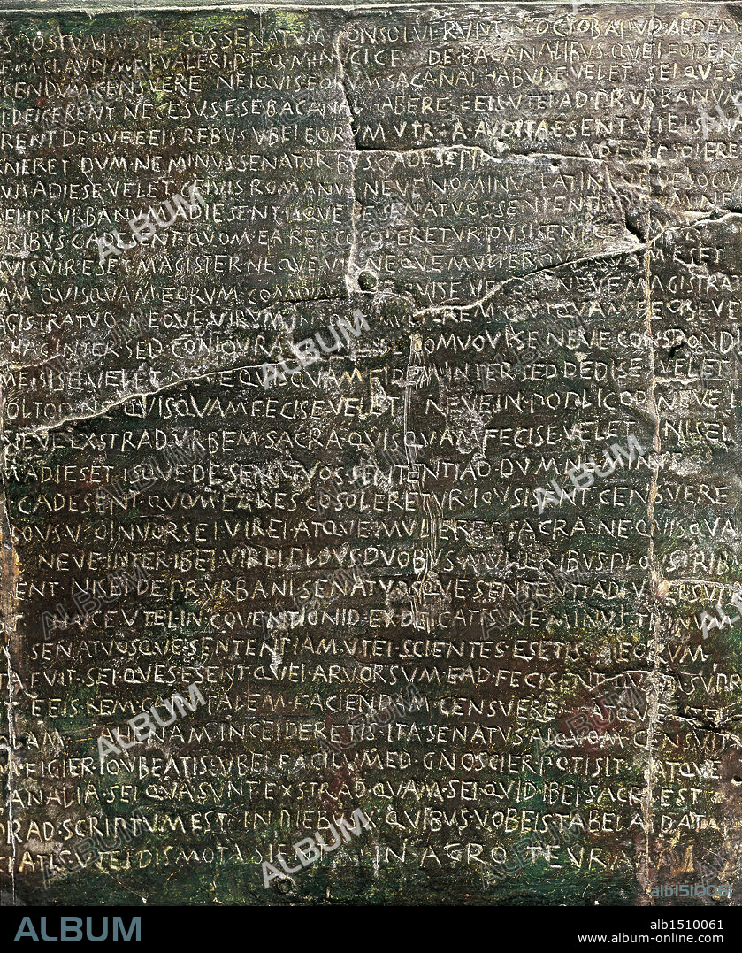 Roman civilization, 2nd century b.C. Table of the Law from 'Senatus Consultus' against the deterioration of morals during the Bacchanalia (186 b.C.).