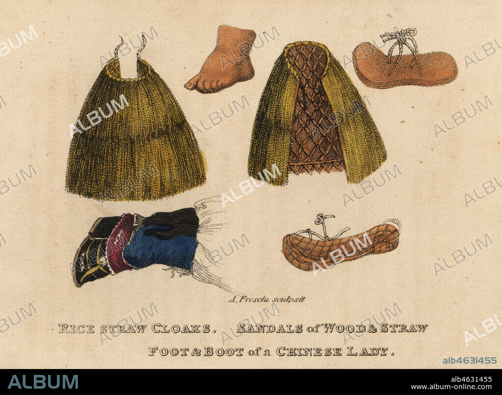 Rice-straw cloak, wood and straw sandals, Chinese woman's bound foot and boot. Handcoloured copperplate engraving by Andrea Freschi after Antoine Cardon from Henri-Leonard-Jean-Baptiste Bertin and Jean Baptiste Joseph Breton's China, Its Costumes, Arts, Manufactures, etc., Howlett and Brimmer, London, 1824.