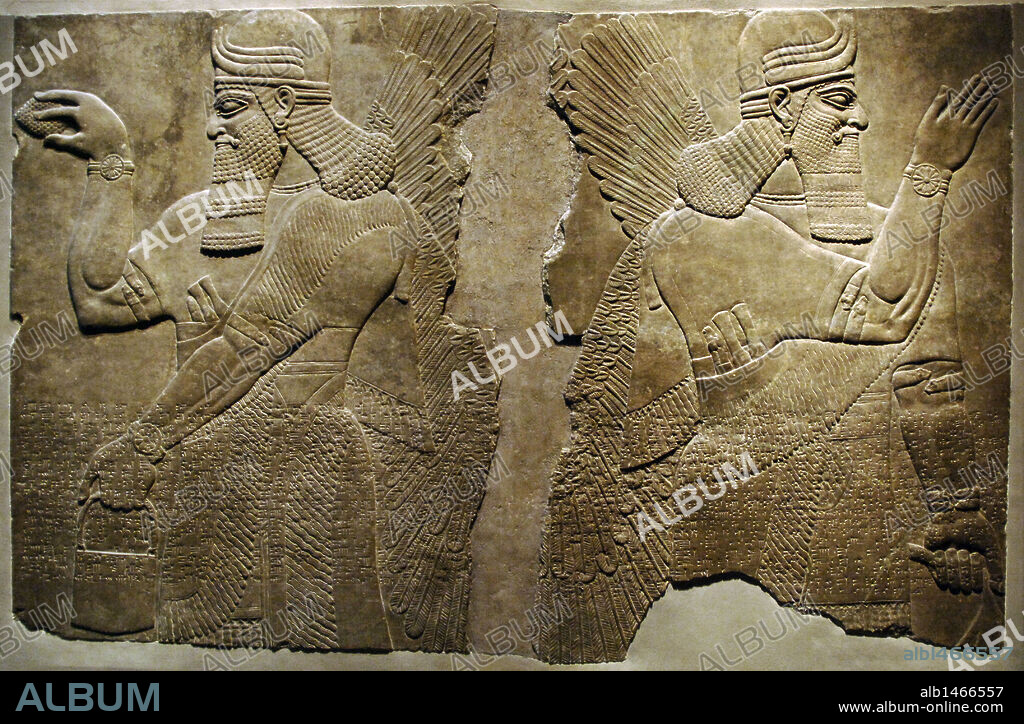 Mesopotamian art. Neo-Assyrian. Relief  panels depicting two protective winged genius. Dated between 883-859 BC. They come from the Palace of Ashurnasirpal II at Nimrud. Metropolitan Museum of Art. New York. United States.