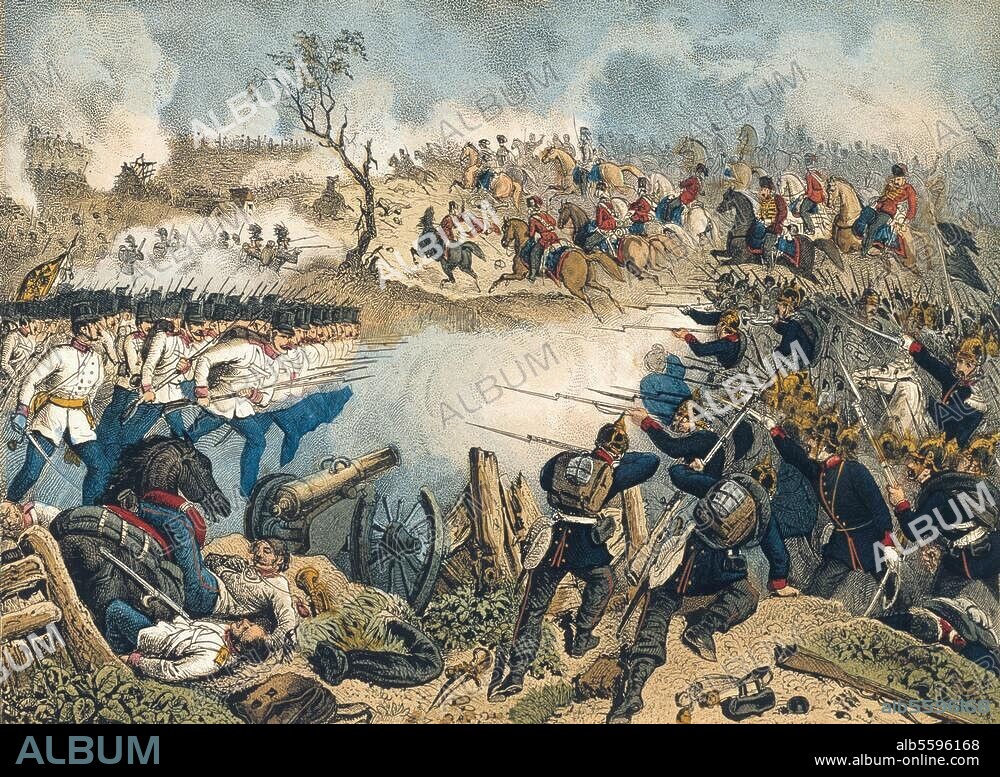 ANONYME. Guerre austro-prussienne 1866. Bataille de Sadowa, 3 juillet. 1866. (L'armée prussienne sous Moltke vainct l'armée autrichienne commandée par L. A. von Benedek). Lithographie coul. d'époque. Dresdener Bilderbogen.