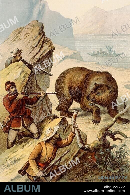 Jagd:. Bärenjagd. "Jagdabenteuer auf Kamtschatka". Farblithographie, unbez. Aus: Franz Hoffmann's neuer Deutscher Jugendfreund, 40. Bd., Stuttgart & Leipzig (Schmidt & Spring) 1885, S. 224 f. Berlin, Sammlung Archiv für Kunst und Geschichte.