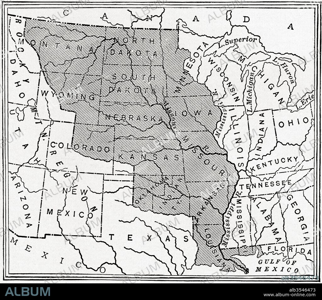 Map showing The Louisiana Purchase. The acquisition of the Louisiana territory (828,000 square miles) by the United States from France in 1803. From The History of Our Country, published 1900.