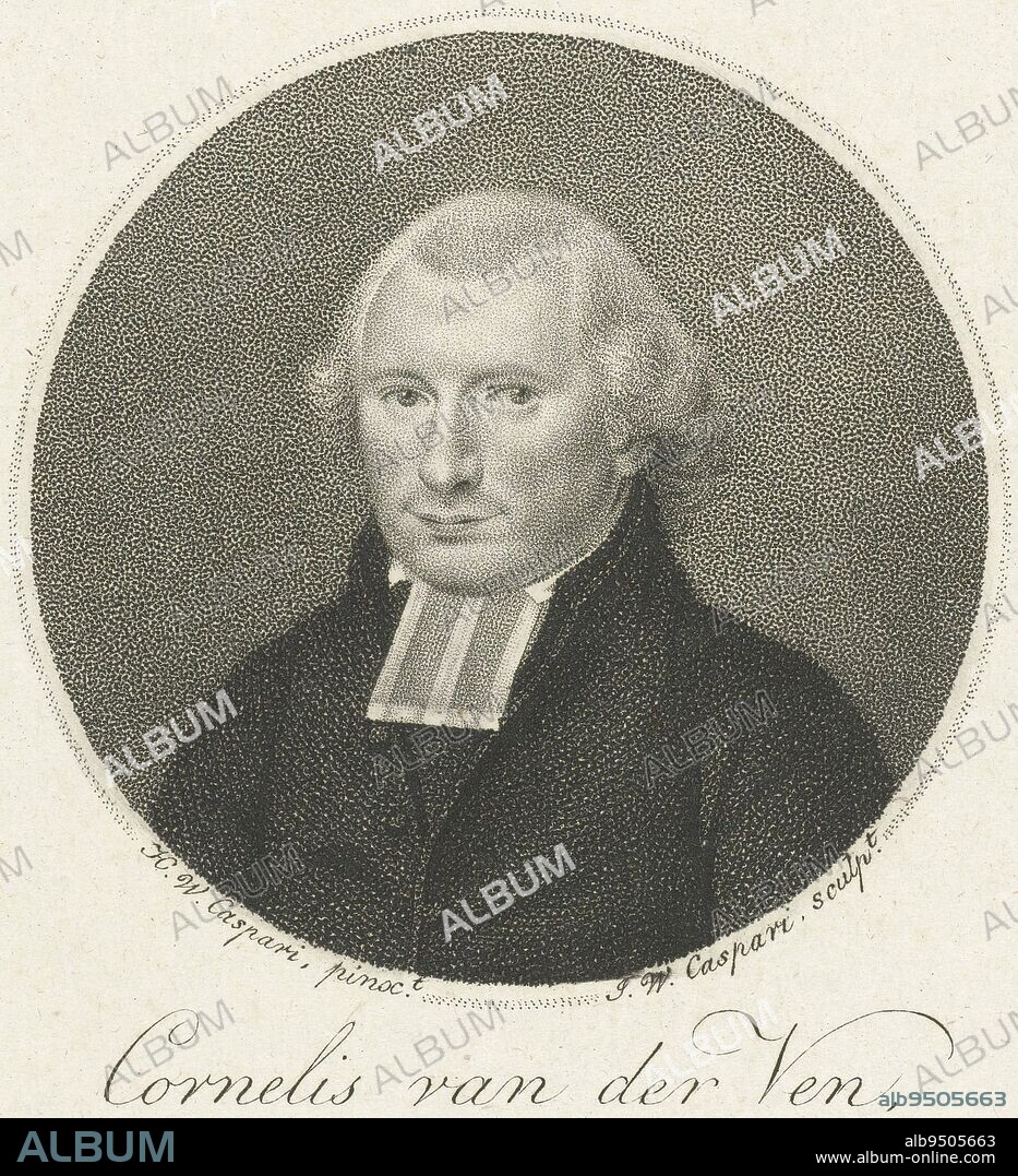 Portrait in round frame of Cornelis van der Ven, pastor of Edam Bust to the left Van der Ven is wearing a black toga with a white beaf The print has a Dutch caption with the name of the person portrayed, Portrait of Cornelis van der Ven, print maker: Jan Willem Caspari, (mentioned on object), after: Hendrik Willem Caspari, (mentioned on object), publisher: J. van Ledden Hulsebosch, (mentioned on object), Amsterdam, 1789 - 1822, paper, etching, h 153 mm × w 122 mm.