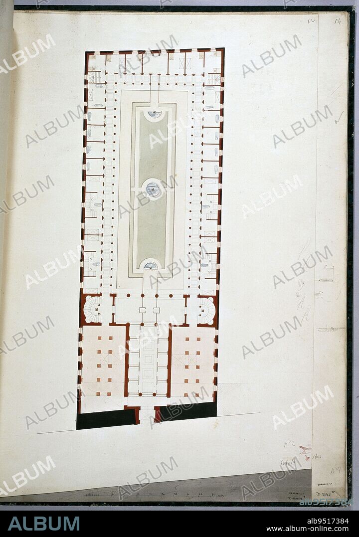 Villa of Mr. Péligot in Enghien: plan of the first floor of the baths and first project for the vestibule, portico and garden, Rohault de Fleury, Charles, Draftsman, Drawing, Graphic arts, Architectural drawing, Plan, section, elevation, Pen, Black ink, Pencil, Wash, Height: 59.5 cm, Width: 39.8 cm.