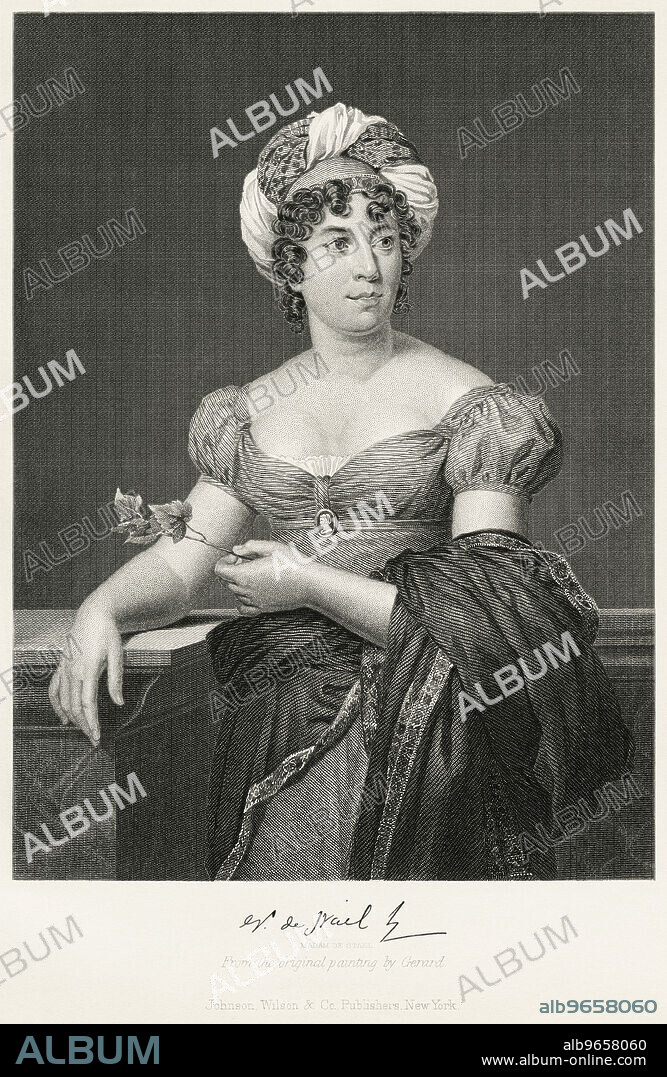 Anne Louise Germaine de Staël-Holstein (1766-1817), Commonly known as Madame de Stael, French Woman of Letters and Historian, Half-Length Portrait, Steel Engraving, Portrait Gallery of Eminent Men and Women of Europe and America by Evert A. Duyckinck, Published by Henry J. Johnson, Johnson, Wilson & Company, New York, 1873.