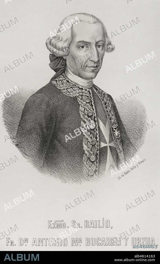 Antonio María Bucareli y Ursúa (1717-1779). General español. Gobernador y capitán general de la isla de Cuba (1766-1771). Virrey de la Nueva España (1771-1779). Retrato. Litografía. Crónica General de España, Historia Ilustrada y Descriptiva de sus Provincias. Las Antillas, 1871.