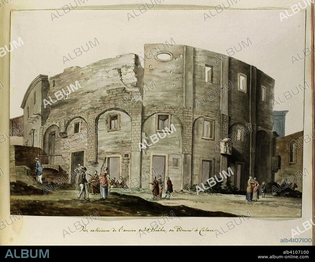 Buitenmuur van oude theater van Catanië. Vue extérieure de l'ancien petit théâtre, ou Odeum à Catane (title on object). Voyage en Italie, en Sicile et à Malte - 1778 (series title). Draughtsman: Louis Ducros. Dating: 1778. Measurements: h 327 mm × w 464 mm.