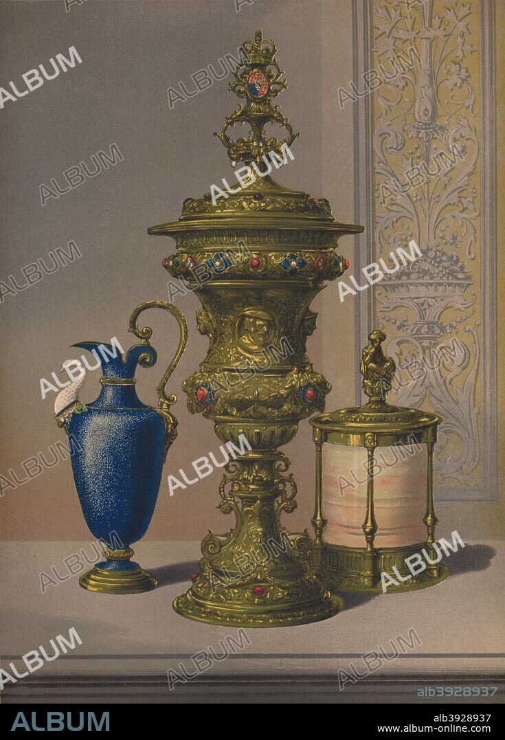 'Silver Gilt & Jewelled Vase, Porcelain Vase, Cigar Casket', 1863. Gifts presented to Alexandra of Denmark on the occasion of her marriage to the future Edward VII. Edward VII (1841-1910), married Alexandra of Denmark (1844-1925) at St George's Chapel, Windsor Castle, 10th March, 1863. From A Memorial of the Marriage of H.R.H. Albert Edward, Prince of Wales and H.R.H. Alexandra, Princess of Denmark, by W. H Russell. [Day and Son, London, 1863].