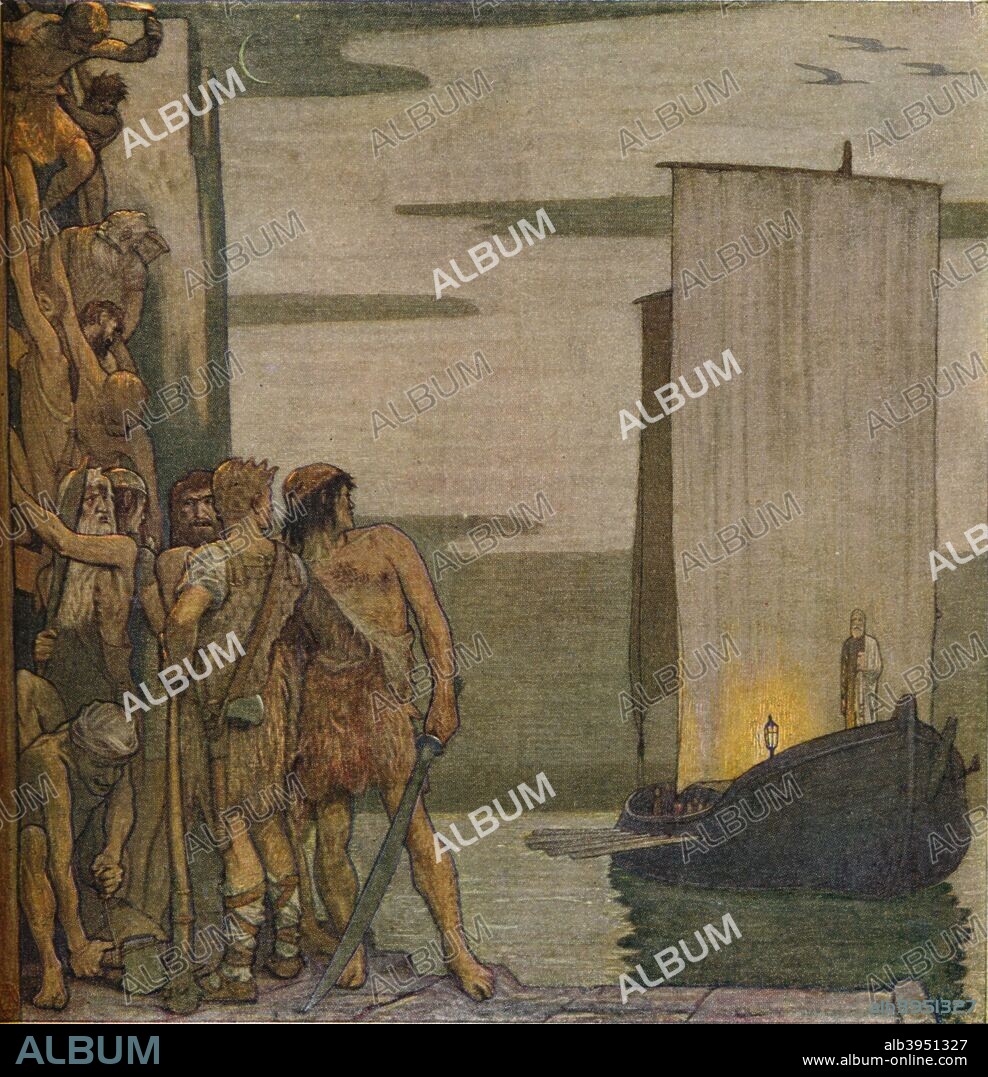 The Landing of Saint Patrick in Ireland, c1912. This painting depicts the imminent arrival of St. Patrick in Ireland in AD 430. After an original work by Edward Reginald Frampton (1870-1923). From The Studio Vol. 62 [London Offices of the Studio, London, 1914.].