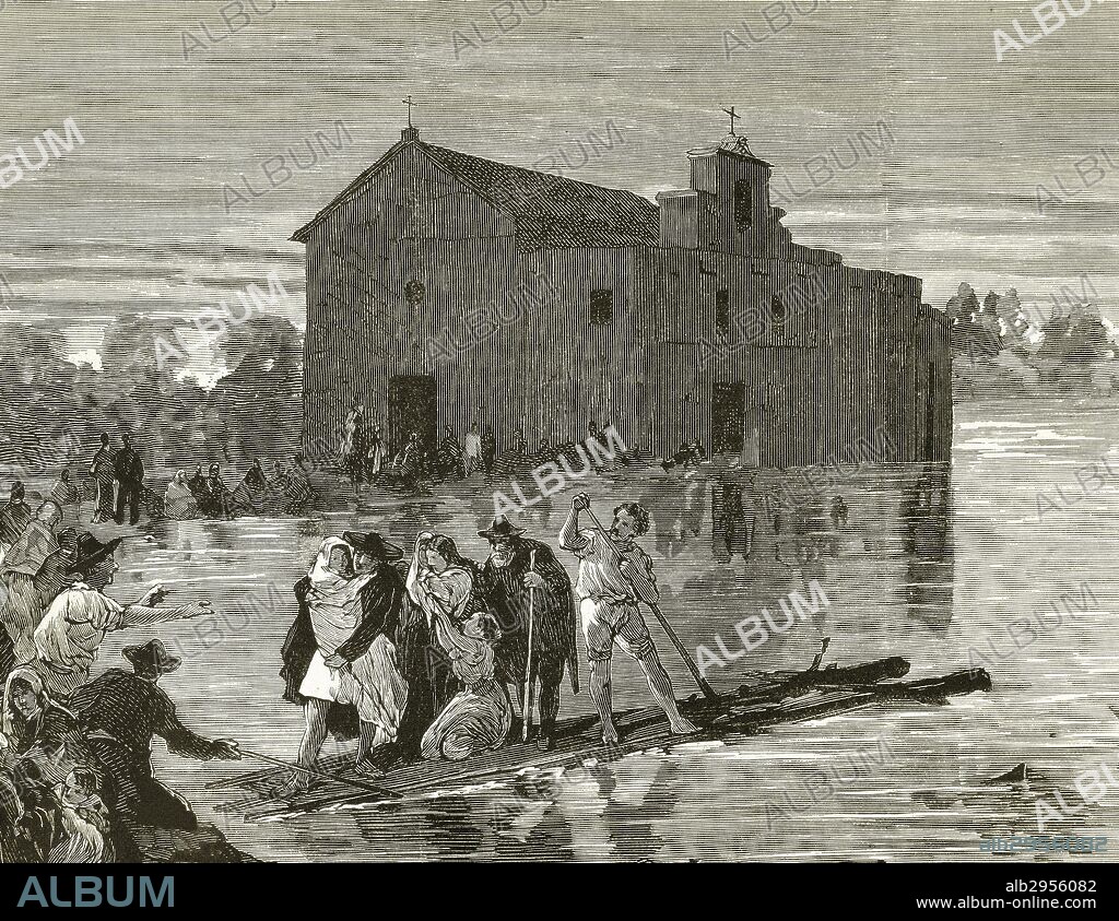 España. Murcia. La Riada de Santa Teresa (15 de octubre de 1879). Cuenca del rio Segura. Rafael Garcia Bermejo, conocido como "El Torrao" salvando a varias personas en una balsa de cañas. Grabado por Rico. "La Ilustración Española y Americana", 1879.