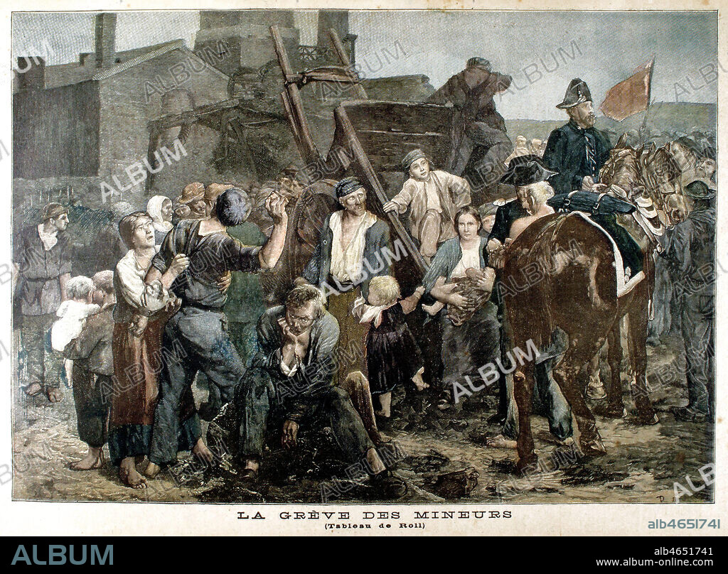 Reproduction d'un tableau de ROLL de 1880 : 'La greve des mineurs' pour illustrer les greves de Carmaux (en 1892 un ouvrier syndicaliste devient maire de la ville, la societe miniere ne le supporte pas et le licencie. Cette innjustice provoque un grand mouvement social, qui inspirera JAURES). illustration parue dans le Petit Journal 1er octobre 1892. in Le PETIT JOURNAL ILLUSTRE. (Vincent Van Gogh garde l'image et en parle a son frere theo dans une de ses lettres Vincent Van Gogh, touché par l¿½uvre, l¿évoqua un jour à son frère Théo dans une lettre qu¿il lui adressait : « [j¿]ai [¿] dans ma collection une grande gravure [¿] d¿après un tableau de Roll, Une grève de charbonniers. [¿]j¿ai un jour assisté à une scène analogue, ce que je trouve beau dans son tableau, c¿est qu¿il exprime exactement une pareille situation, encore qu¿on n¿en trouve que peu de détails. Cela m¿a fait songer à un mot de Corot : ¿Il y a des tableaux où il n¿y a rien et pourtant tout y est")(On peut noter que le drapeau, apparemment noir dans la peinture, devint rouge dans la gravure. L'oeuvre tres peu montree et conservee en depit du bon sens au Musee de Valenciennes se deteriore, il n'en reste aujourd'hui que 2 fragments) Credit: Collection Kharbine-Tapabor.