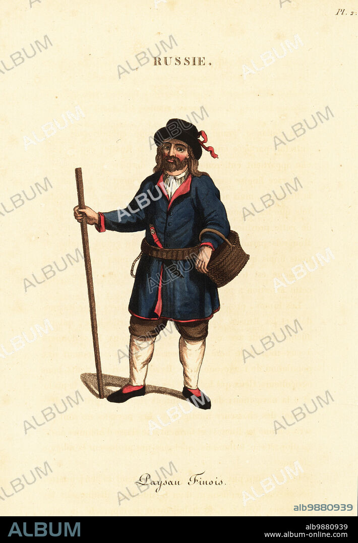 Costume of a Finnish peasant, 18th century. He wears a felt hat, long hair and beard, clothes of walmar cloth, leather belt, knife and staff. Paysan Finois. Handcoloured copperplate engraving after an illustration by Johann Gottlieb Georgi from J-B. Eyries La Russie: Costumes, Moeurs et Usages des Russes, Russia: Costumes, Manners and Mores of the Russians, Librairie de Gide Fils, Paris, 1823. Jean-Baptiste Eyries (1767-1846) was a French geographer, author and translator.