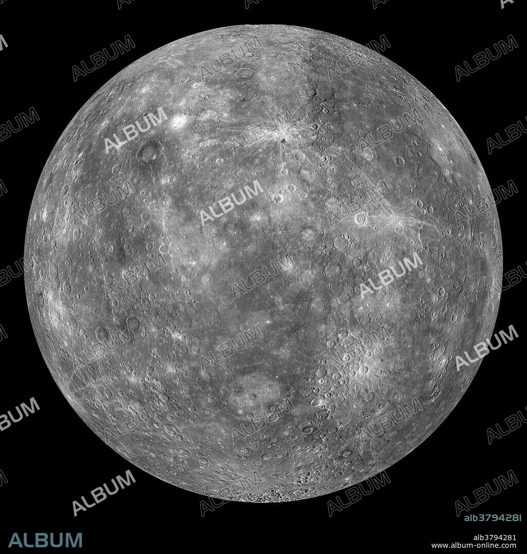 This image from NASA's MESSENGER mission shows an orthographic projection of a global mosaic of Mercury centered at 0Â°N, 90Â°E. The peak-ring basin Rachmaninoff can be seen in the northwest portion of the globe, Rembrandt basin can be seen towards the south, and Eminescu and Raditladi can be seen just east of center. The edge of the Caloris basin is just visible along the eastern edge of the globe.