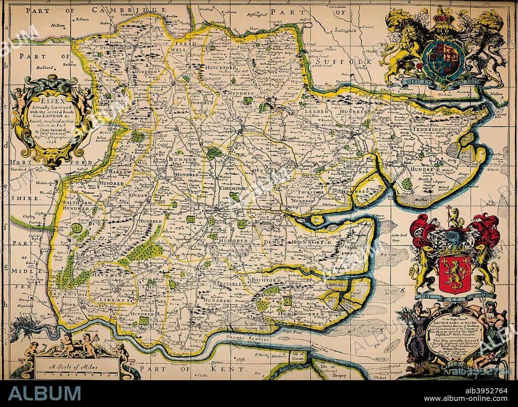 'Map of Essex', 1678. From Essex, actually surveyed, with the several Roads from London &c. by Francis Lamb. [Philip Lea, Essex, 1678].