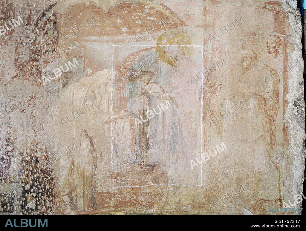Pre Romanesque fresco cycle, by Anonymous artist, 831-849 about, 9th Century, fresco,. Italy, Lombardy, Varese, Castelseprio, Santa Maria Foris Portas Church. Fresco with fragments missing. Detail. Presentation at the Temple. Priest Virgin Mary Madonna halo Baby Jesus onlookers bystanders gold red brown blue.