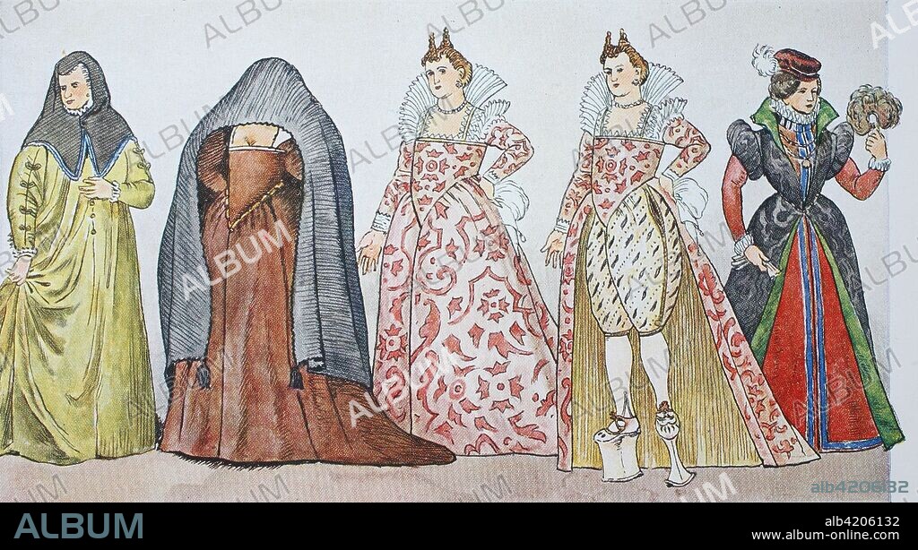 Fashion, costumes, clothes in Italian under Spanish fashion around 1590-1610, from left, Roman courtesan around 1590, respectable, elegant, unmarried Venetian in veiling street clothes around 1590, once the courtesan in heavy silk damask dress and once with an up-front dress, and a lady from Ferrara around 1590, digital improved reproduction from an original from the year 1900.