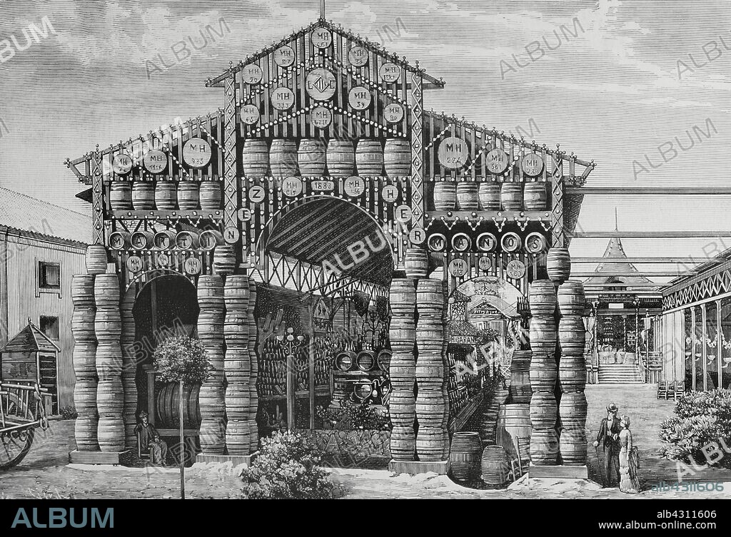España. Valencia. Exposición Regional de Valencia. Instalación general de la industira vinícola. Grabado por Tomás Carlos Capuz (1834-1899). La Ilustración Española y Americana, 30 de octubre de 1883.
