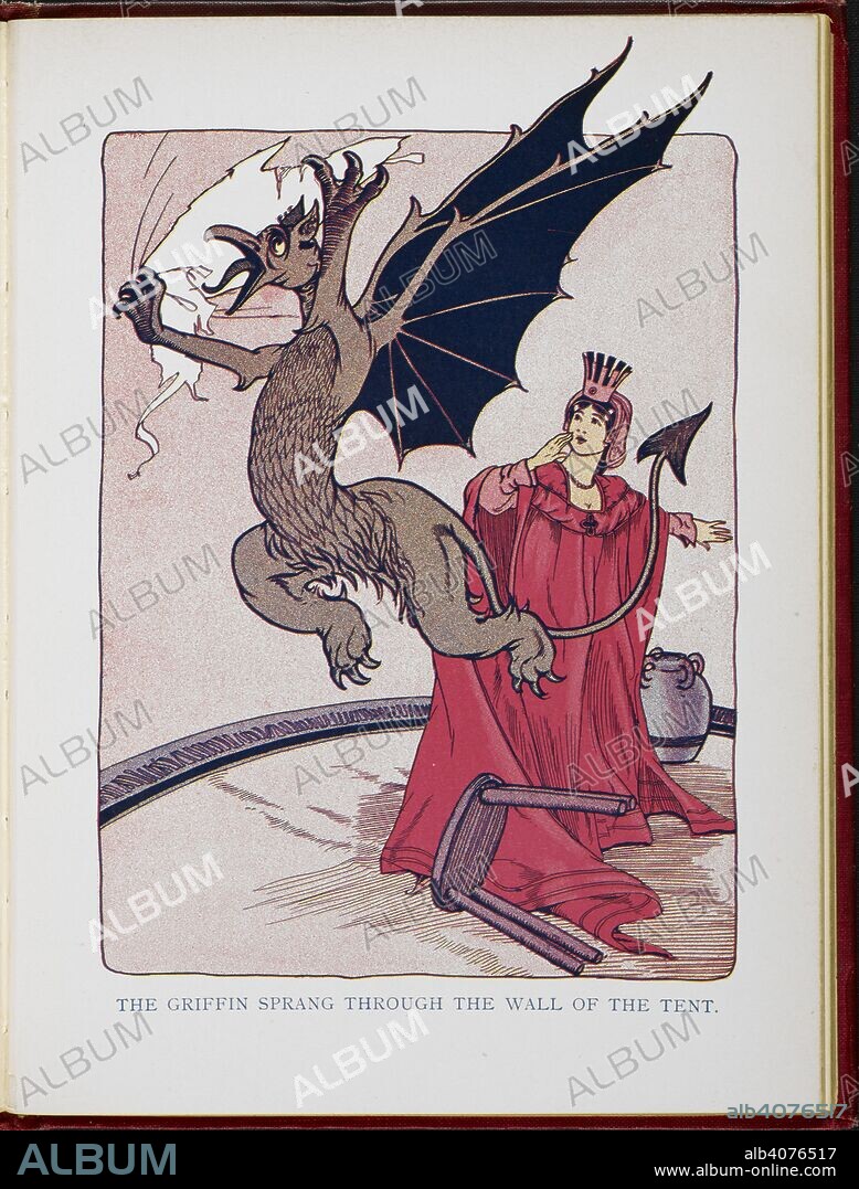 LYMAN FRANK BAUM and JOHN R. NEILL. The griffin sprang through the wall of the tent. One of the witches. The Marvelous Land of Oz. Being an account of the further adventures of the Scarecrow and Tin Woodman ... A sequel to the Wizard of Oz ... Pictured by John R. Neill, etc. London : F. H. Revell Co., 1904. Source: 12812.aa.46 opposite page 26.
