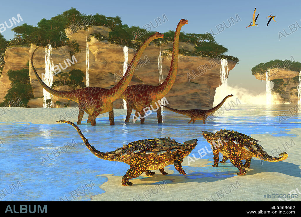Pteranodon reptiles fly over a North American coastline full of Diplodocus and Gargoyleosaurus dinosaurs.