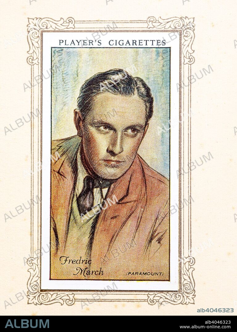 Fredric March, 1934. Fredric March (born Ernest Frederick McIntyre Bickel; August 31, 1897 - April 14, 1975) was a distinguished stage actor and one of Hollywood's most celebrated, versatile stars of the 1930s and 40s. He won the Academy Award for Best Actor for Dr. Jekyll and Mr. Hyde (1931) and The Best Years of Our Lives (1946). From An Album of Film Stars; Second Series issued by John Player & Sons. [Imperial Tobacco & Co Ltd, 1934].