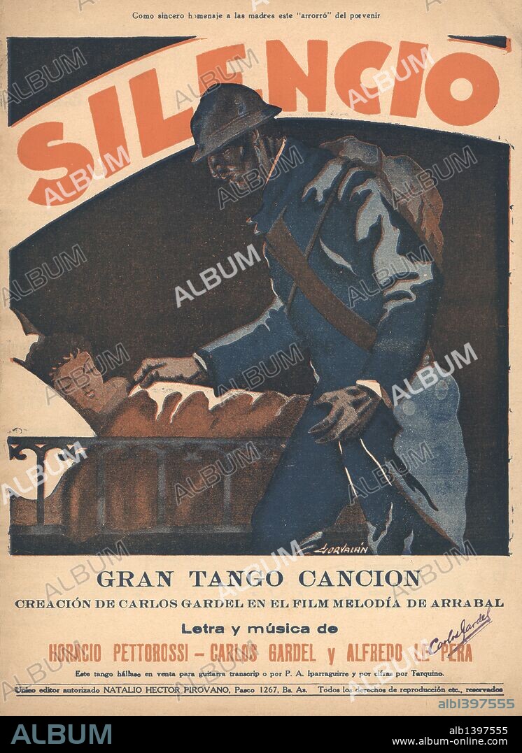 Partitura musical del tango "Silencio", de Horacio Pettorossi, Carlos Gardel y Alfredo Le Pera. Banda sonora de la película Melodía de Arrabal. Editada en Buenos Aires, 1920.